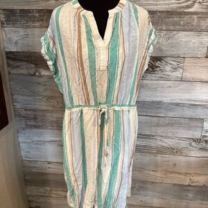 Time and Tru Striped Mini Dress - White, Teal, Brown